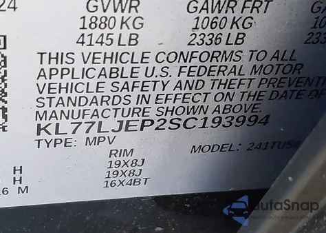 2025 Chevrolet Trax Fwd 2Rs from USA, damaged, VIN KL77LJEP2SC193994